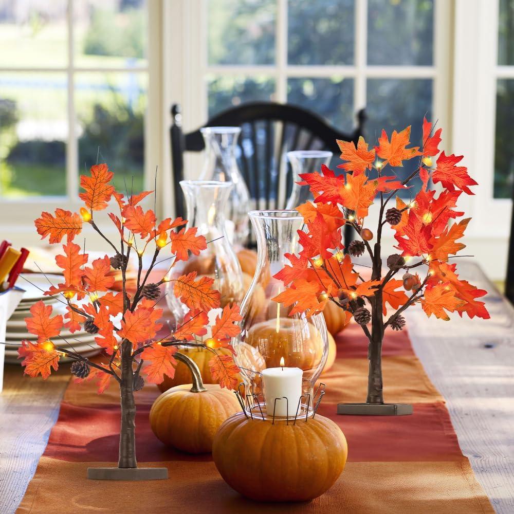 Fall Decorations For Home, 24”/2FT Lighted Fall Maple Leaves Tree With 24LT Warm White Leds For Autumn Decor, 12 Wood Acorns Ornaments Battery Powered Timer For Home Decor, Thanksgiving