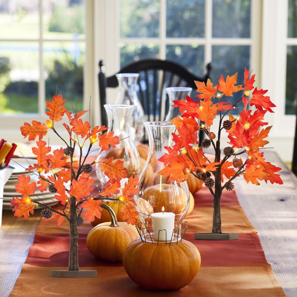Fall Decorations For Home, 24”/2FT Lighted Fall Maple Leaves Tree With 24LT Warm White Leds For Autumn Decor, 12 Wood Acorns Ornaments Battery Powered Timer For Home Decor, Thanksgiving