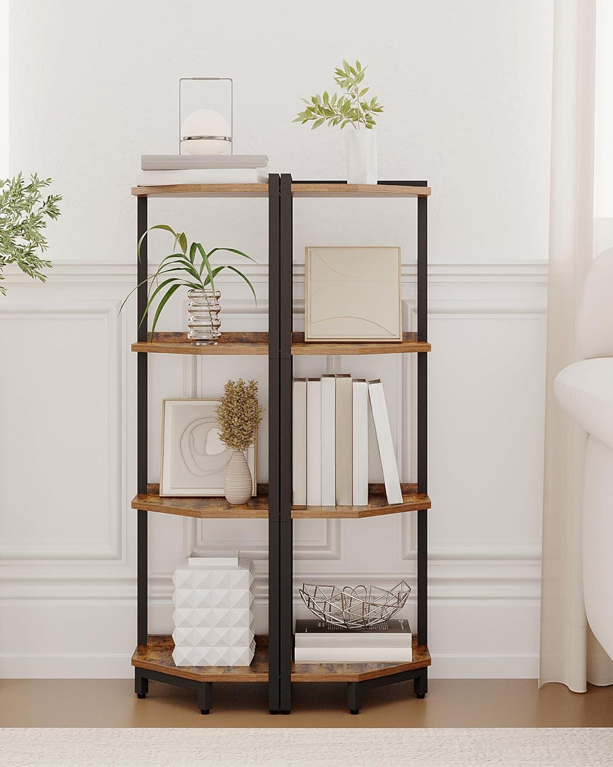 Corner Shelf Stand, Corner Bookshelf, Storage Standing Shelf Unit with Metal Frame, Plant Stand, Corner Bookcase for Living Room, Home Office, Bedroom, 4-Tier Rustic Brown CS05801B