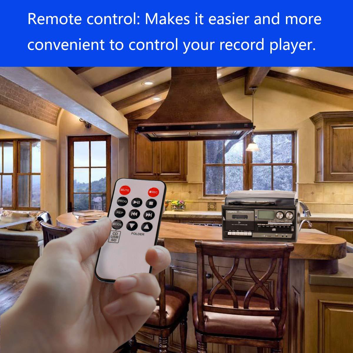 Record Player 9 in 1 3 Speed Bluetooth Vintage Turntable CD Cassette Vinyl Player AM/FM Radio USB/SD Encoding Aux-in RCA Line-Out (Silver)