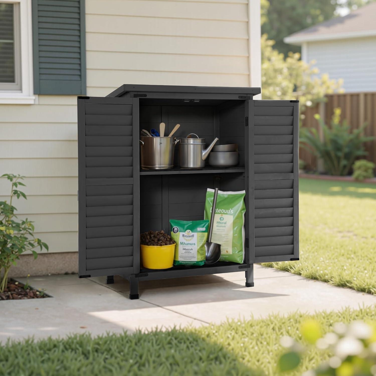 MCombo 24.6 in. W x 18 in. D Outdoor Wood Storage Cabinet，Garden Wooden Tool Shed with Double Doors