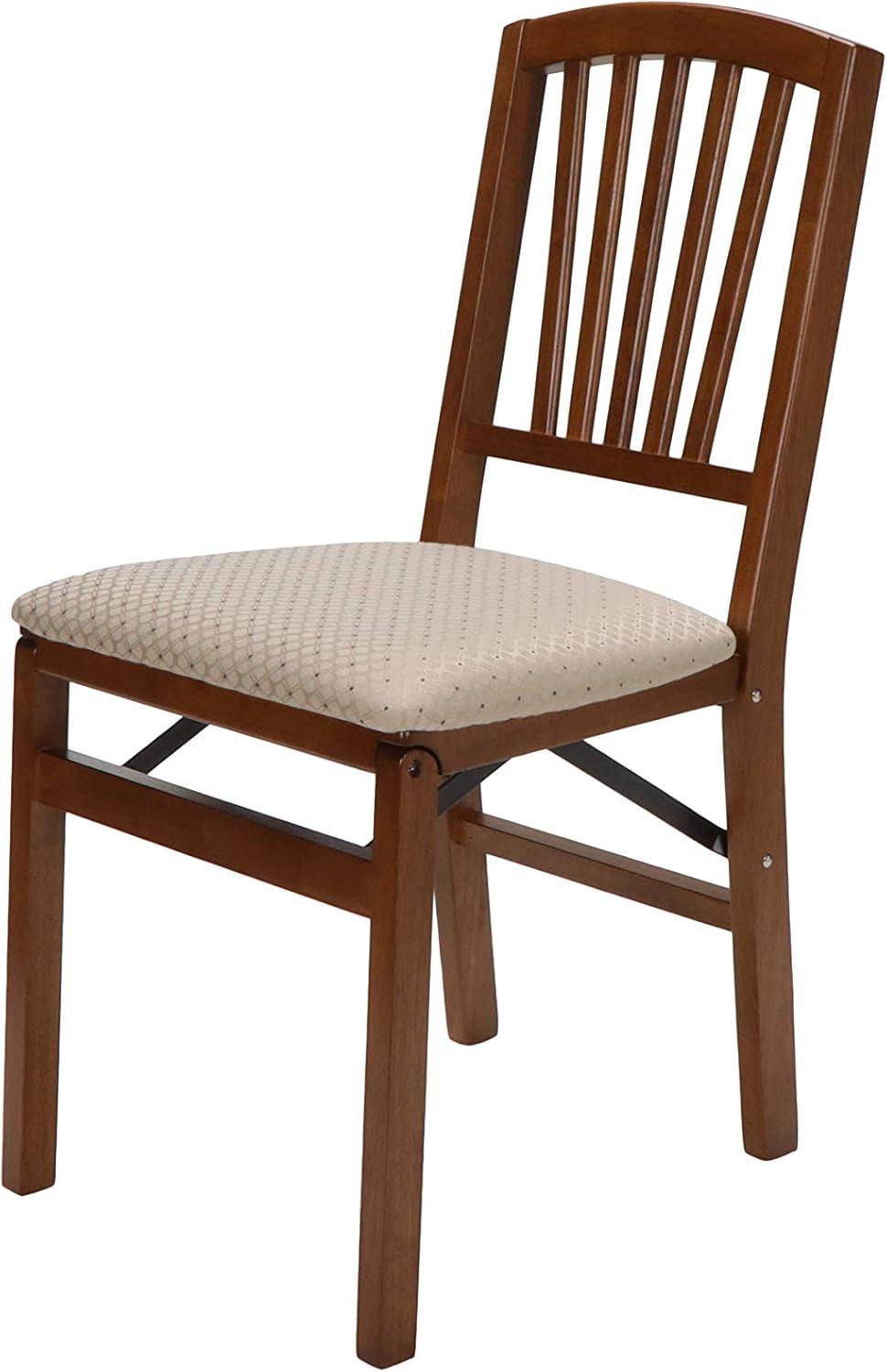 Fruitwood Upholstered Slat Back Folding Chairs, Set of 2