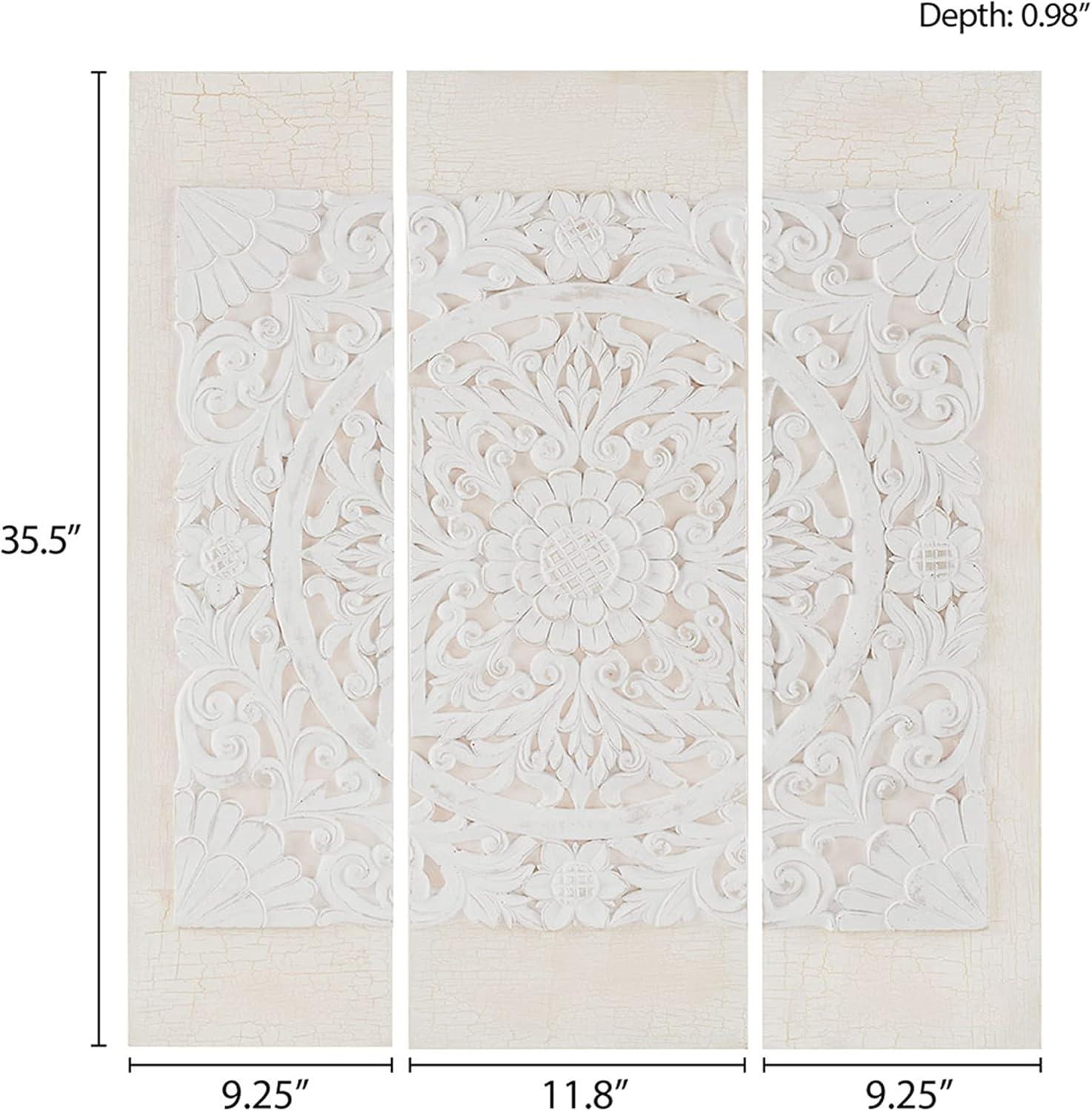 (Set of 3) 35.5" Height Wooden Mandala 3D Embellished Canvas Decorative Wall Art Set White: Resin Carved, Rustic Charm, Vertical Display