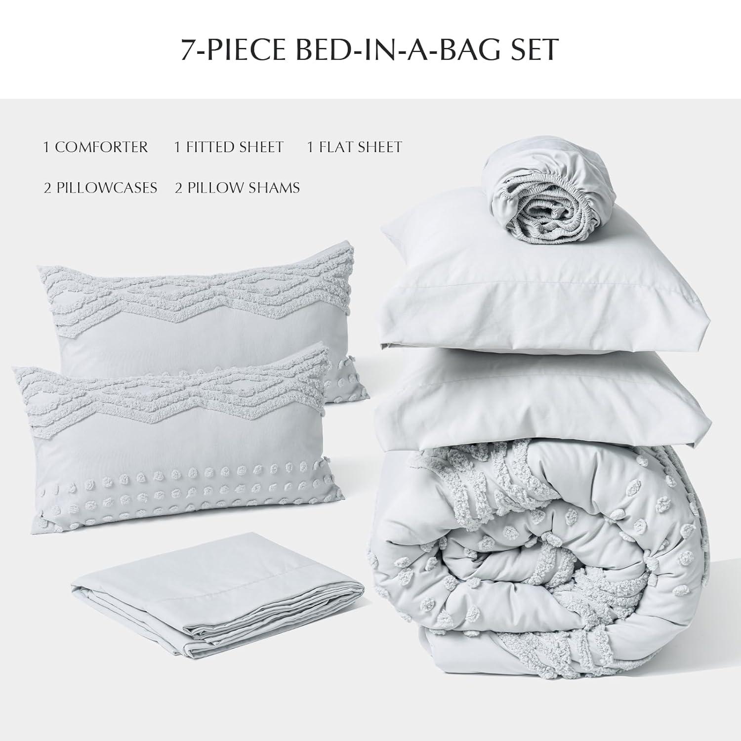 Andency Beige Queen Comforter Set, Bed in a Bag - 7 Pieces Boho Tufted Cream Bedding Set with 1 Comforter, 1 Flat Sheet, 1 Fitted Sheet, 2 Pillow Shams, 2 Pillowcases