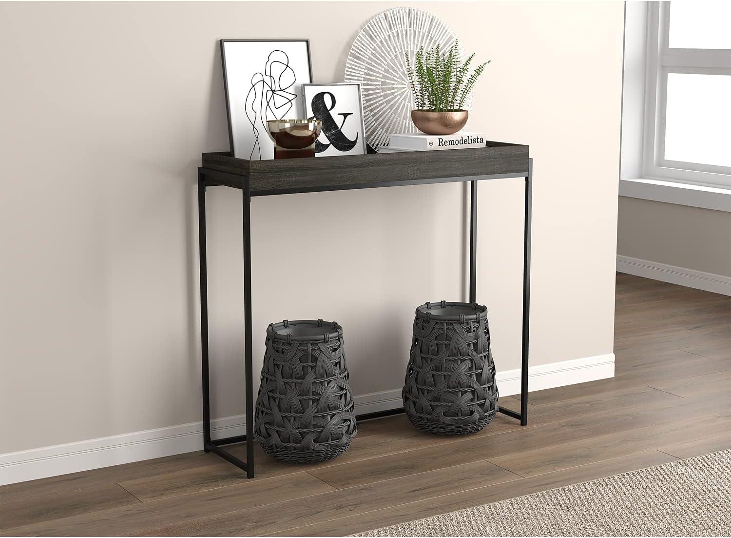 Dark Gray Wood and Metal Console Table with Storage, 35.5" Tall