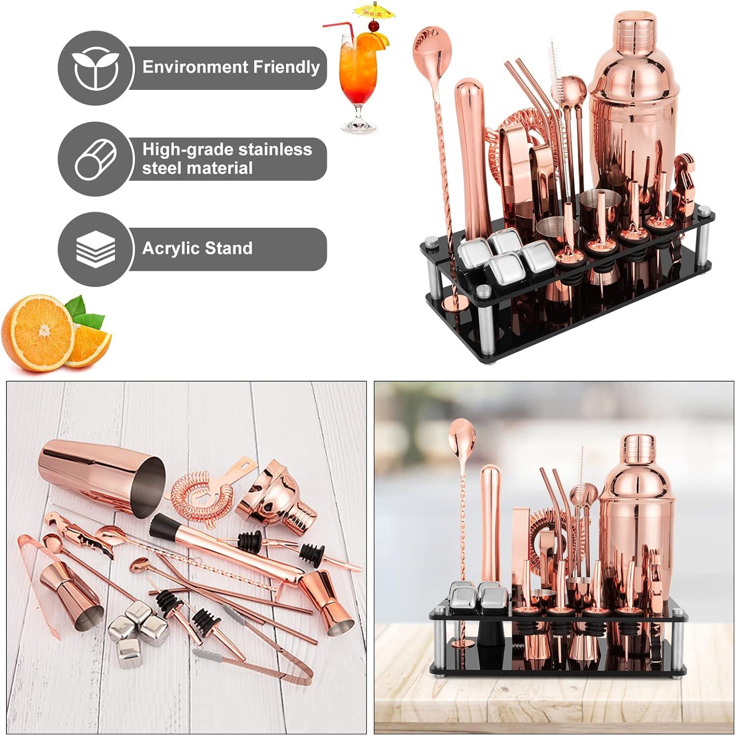 Rose Gold 23-Piece Stainless Steel Bartender Kit with Acrylic Stand