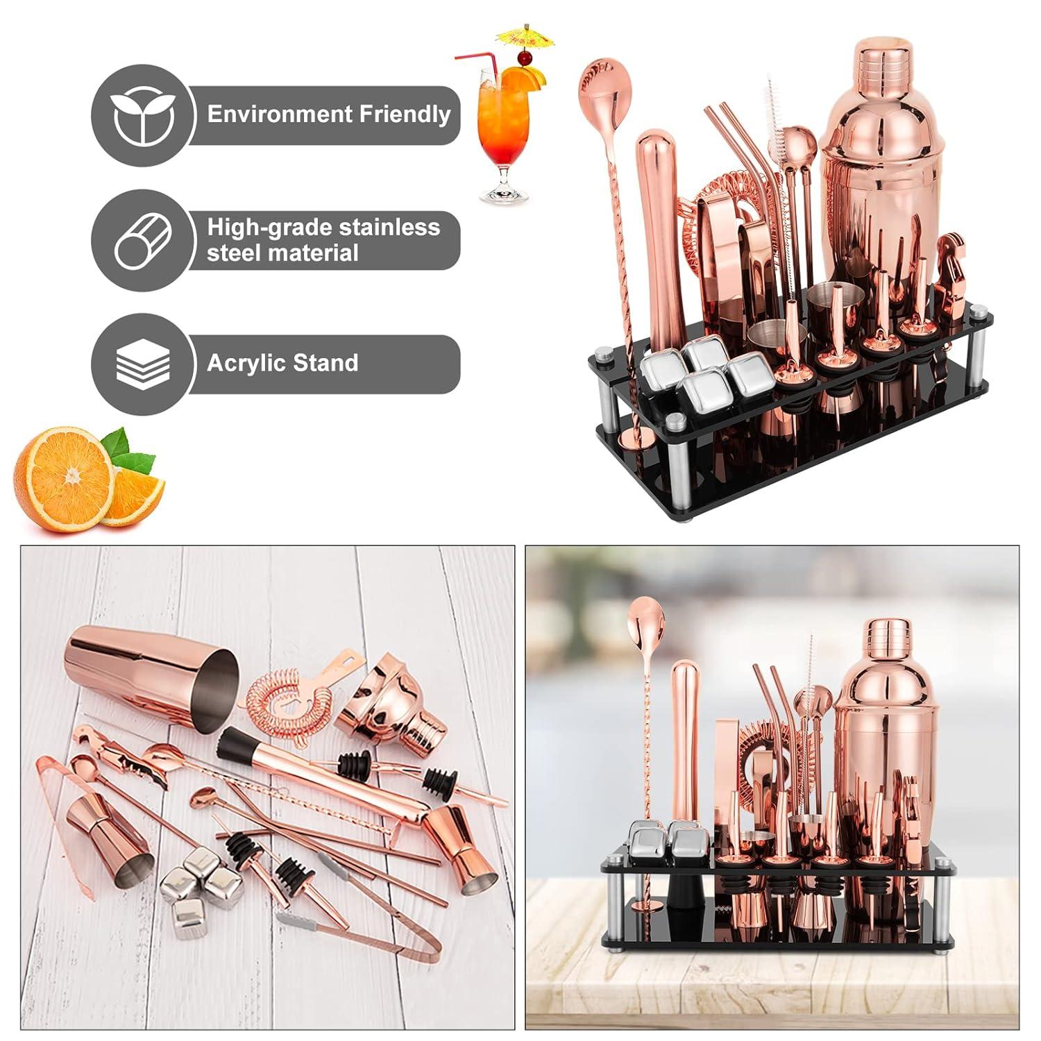 23 Piece Cocktail Shaker Set Bartender Kit with Acrylic Stand & Cocktail Recipes Booklet, Professional Bar Tools for Drink Mixing, Home, Bar, Party (Include 4 Whiskey Stones) - Gold Rose