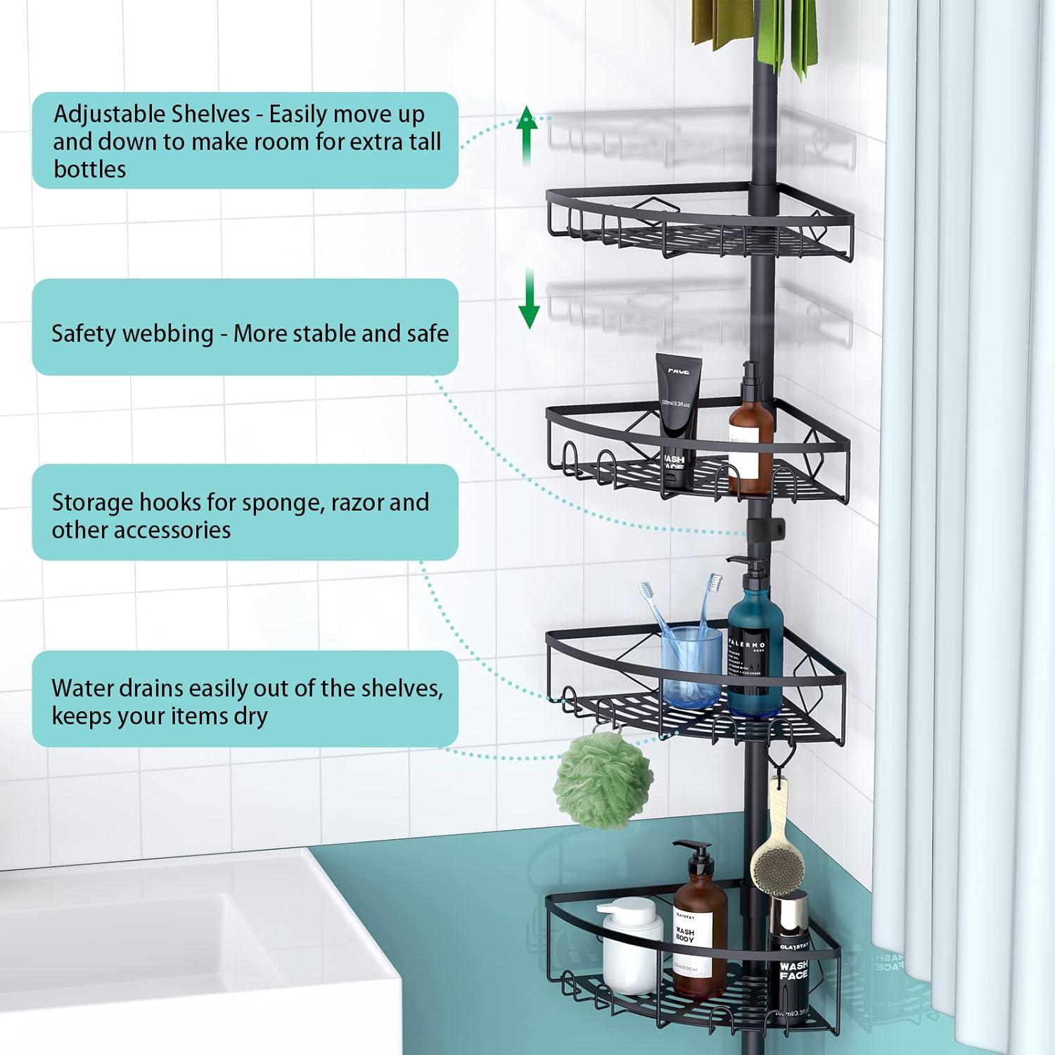 Corner Shower Caddy Tension Pole, 4 Tier Shower Basket Shelves, 53-120 inch Adjustable Height Shower Storage Rack, Bathroom Bathtub Shampoo Holder Organizer Shower Accessories (Black)