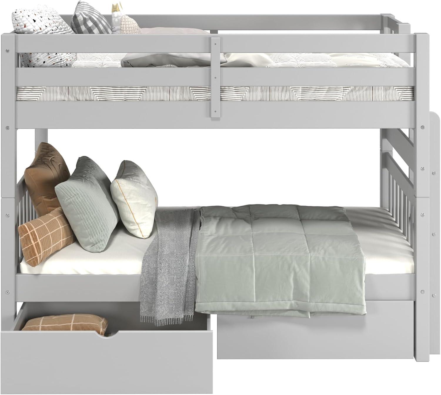 Bedz King Tall Stairway Bunk Beds Twin over Twin with 4 Drawers in the Steps and 2 Under Bed Drawers, Gray