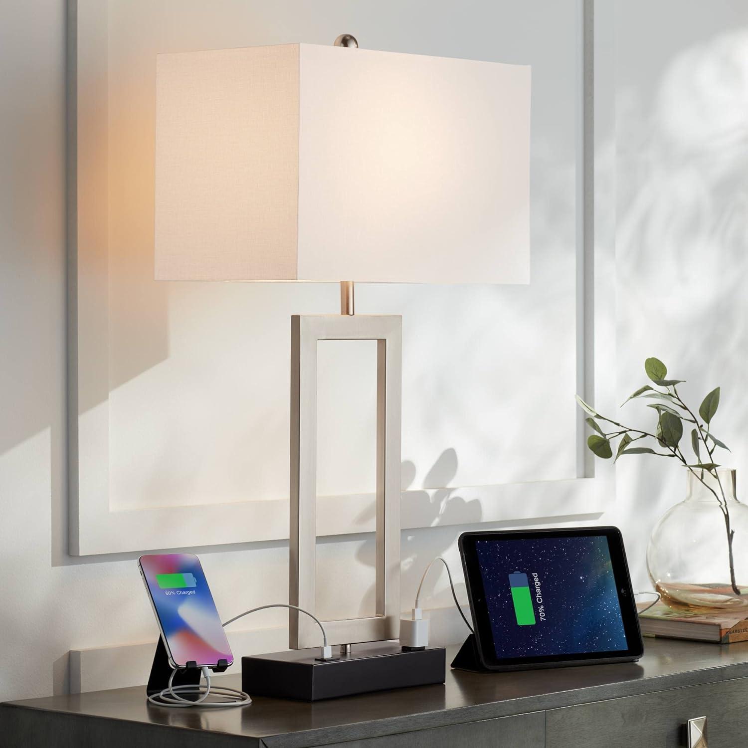 Brushed Nickel Modern Table Lamp with USB and AC Outlet