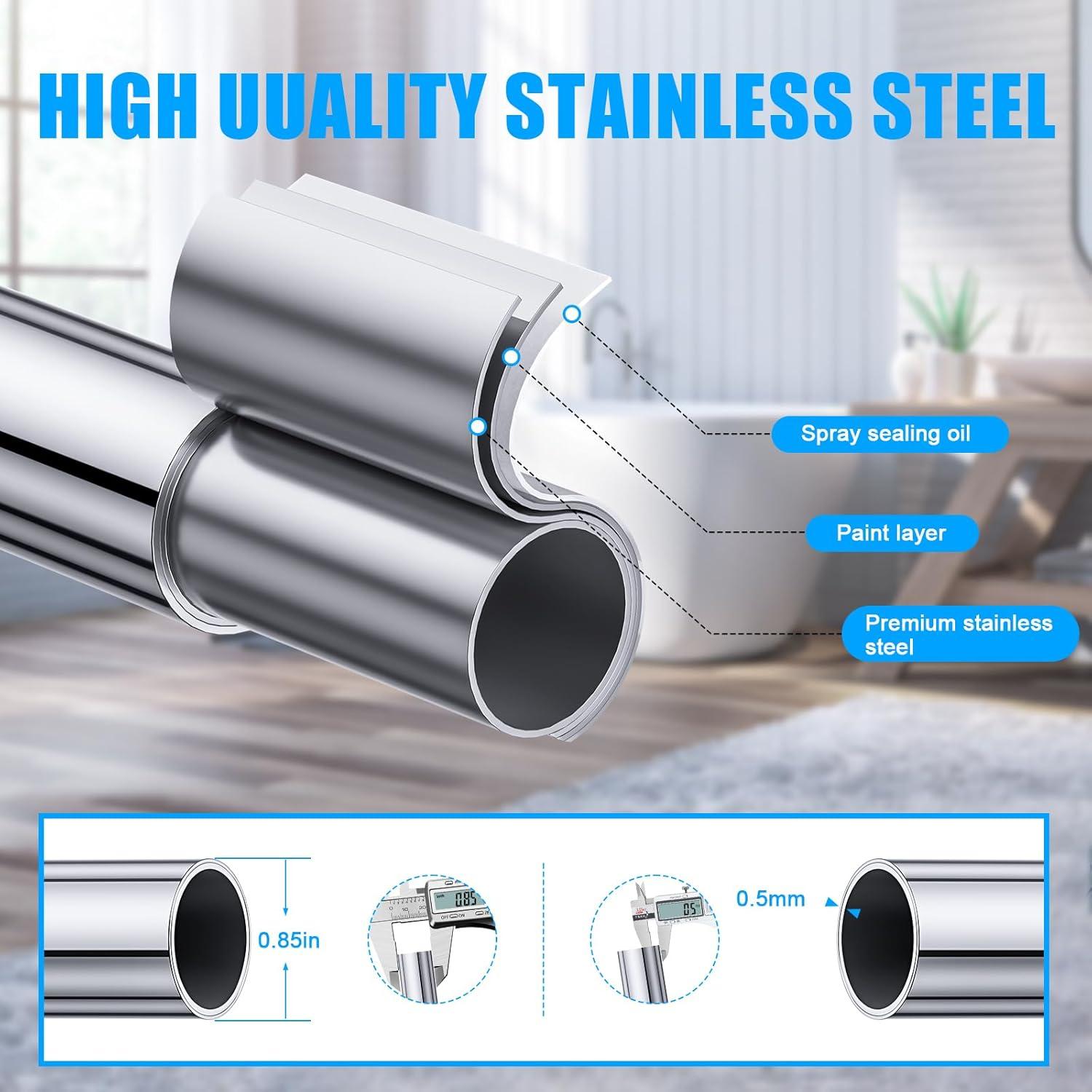 OUMIKEJI Shower Curtain Rod, 27-76 Inch Adjustable Tension Spring, Shower Curtain Rod Tension, Premium Stainless Steel, Anti-Slip, No Drilling, No Rust, For Bathroom, Silver