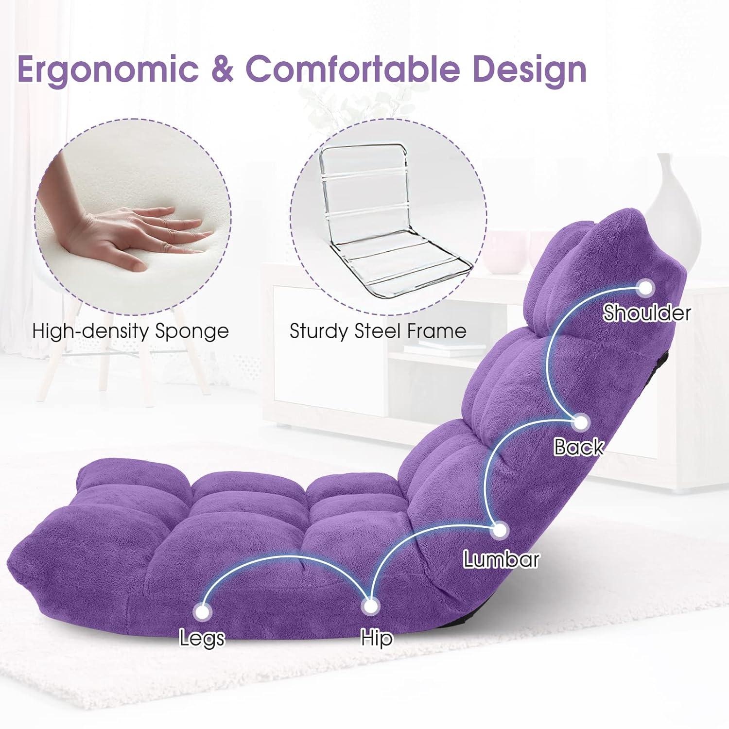 Giantex Floor Chair with Back Support, 14 Adjustable Position, Padded Sleeper Bed, Couch Recliner, Folding Gaming Floor Chairs for Adults, Living Room, Bedroom, Yoga, Meditation, Purple