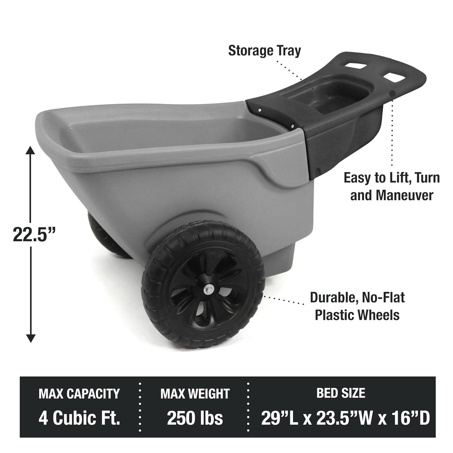 Simplay3 Easy Haul Durable Wheelbarrow with Garden Tool Storage Tray - Large Easy Turn Wheels - Gray - Made in USA