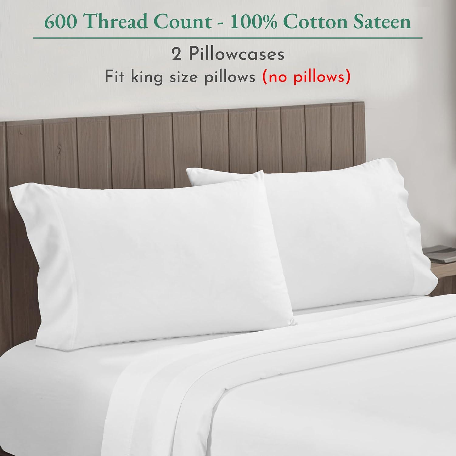 California Design Den 600 Thread Count King Size Pillow Cases, Set of 2 Luxuriously Soft Hotel Quality 100% Cotton Sateen, Fits all King Pillows, Bright White