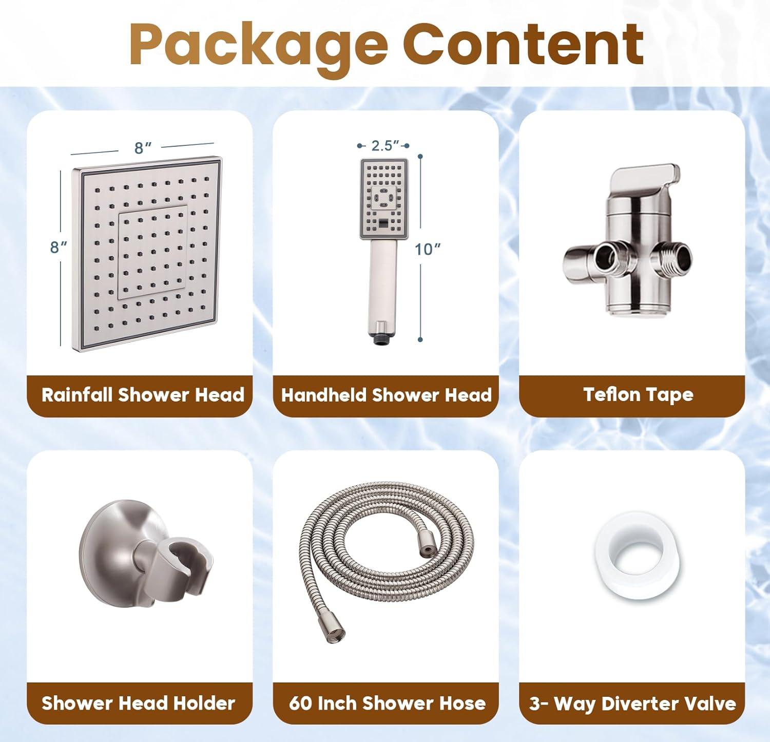 BRIGHT SHOWERS Rain Shower Head Combo, 8" Rainfall Shower with Handheld Spray, 60" Hose, 3-Way Diverter, Wall Bracket, Brushed Nickel