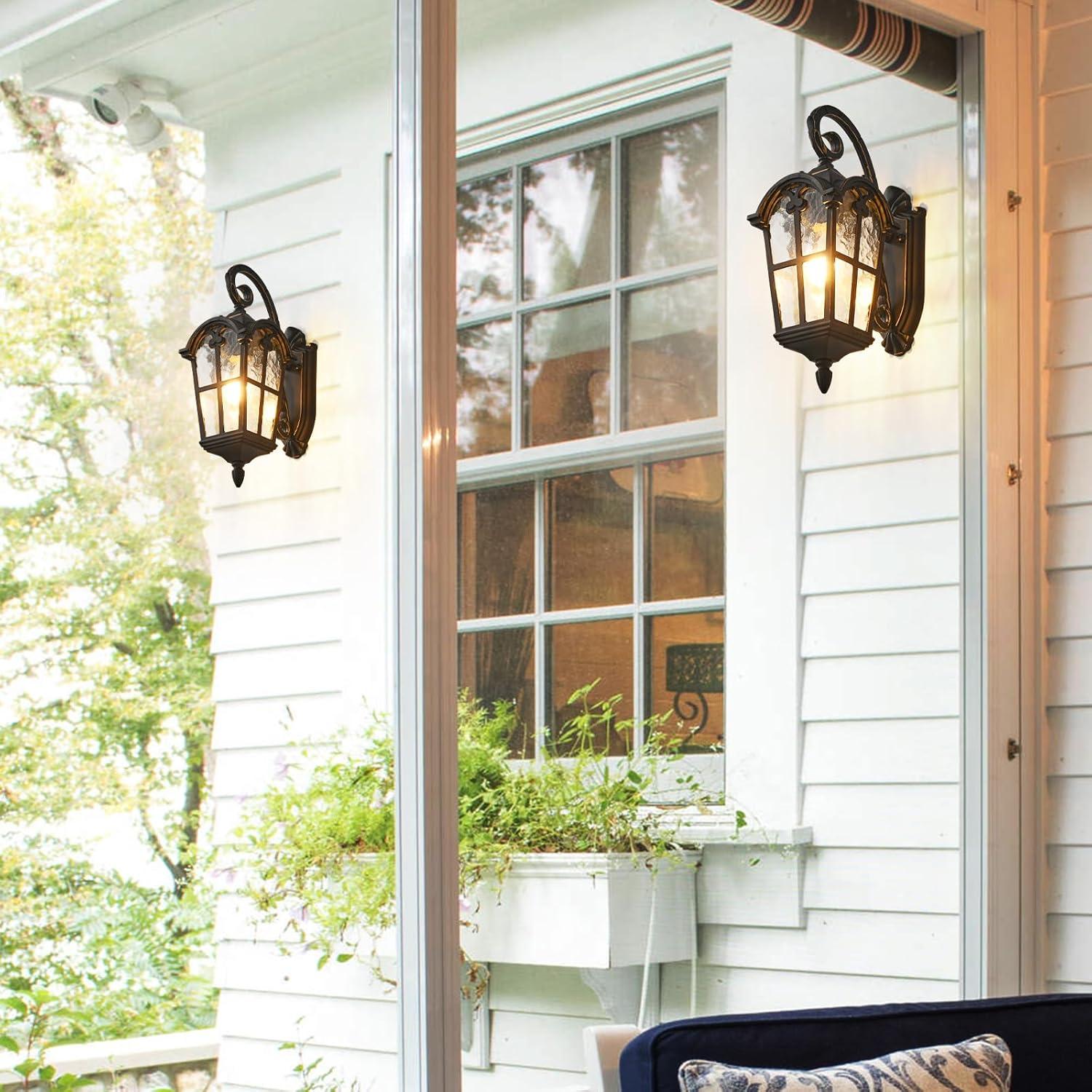 Dusk to Dawn Outdoor Wall Lights 17.1" H Large Exterior Lighting Fixtures Black Porch Light Waterproof Roman Wall Lantern with Water Ripple Glass for House Garage Patio