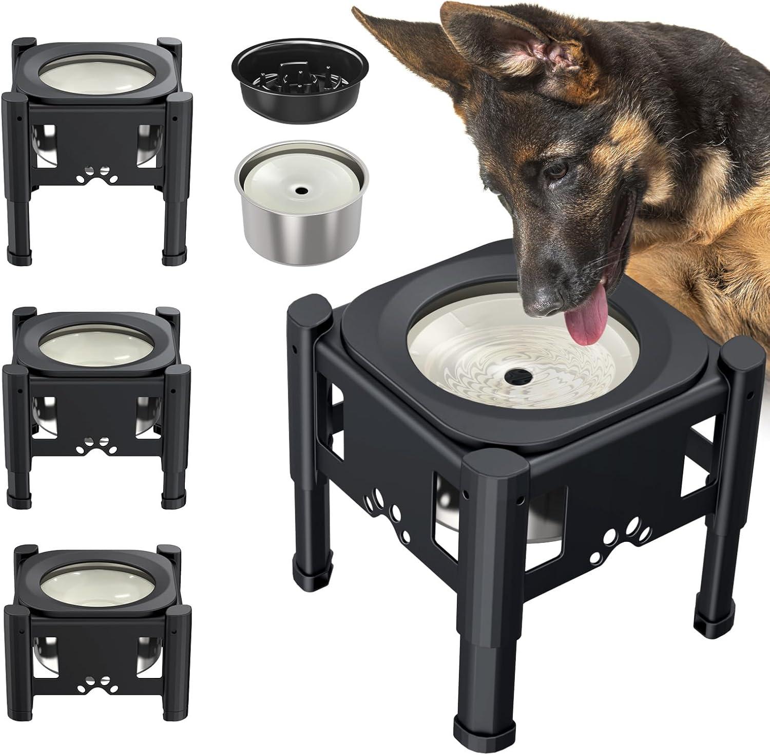 Adjustable Black Elevated Dog Water Bowl with Slow Feeder