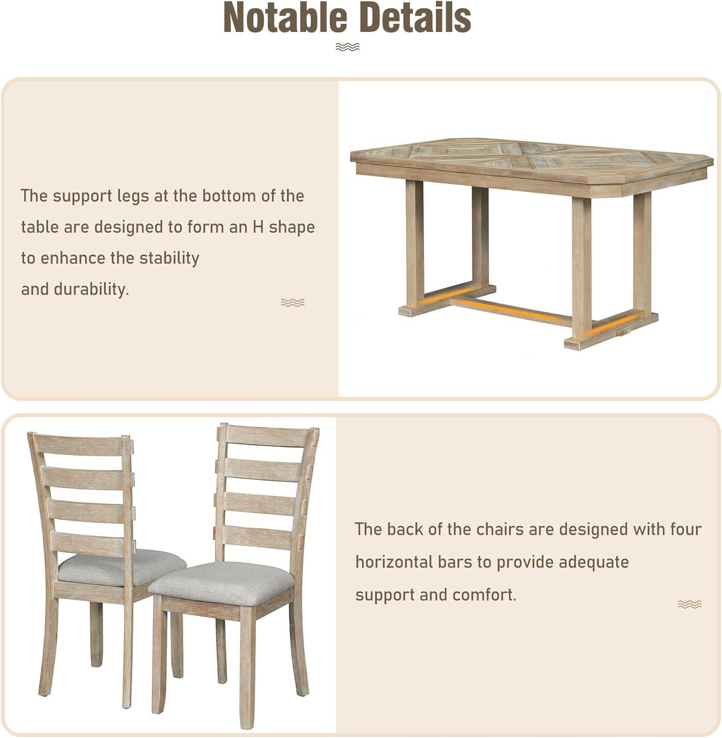 Dining Table Set for 6, 6 Piece Wood Kitchen Table Set, Dining Table and Chairs Set, Home Furniture Table Set with Chairs & Bench, Natural Wood Wash