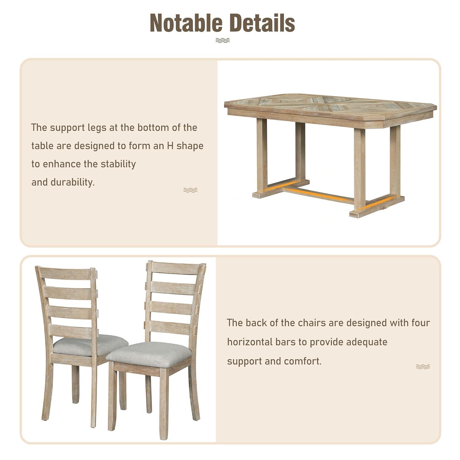 Dining Table Set for 6, 6 Piece Wood Kitchen Table Set, Dining Table and Chairs Set, Home Furniture Table Set with Chairs & Bench, Natural Wood Wash