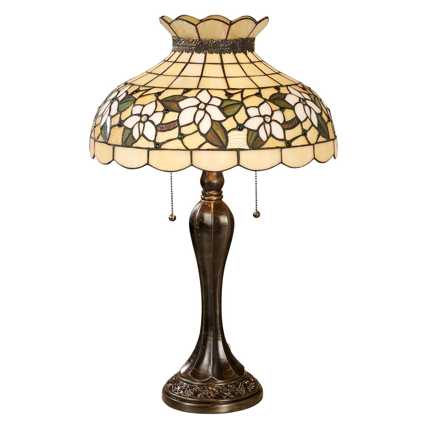 Maylea Magnolia Stained Glass Table Lamp Ivory 20.5 Inches High