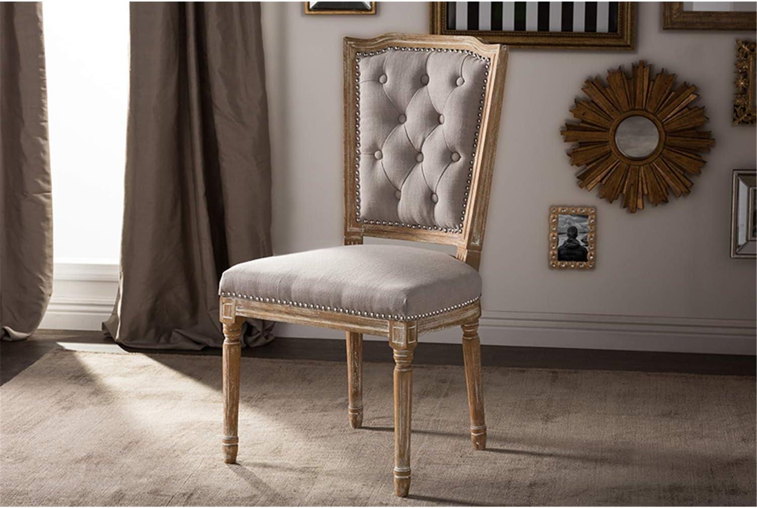 Estelle Chic Rustic French Country Cottage Dining Chair: Solid Oak, Linen Detail - Baxton Studio