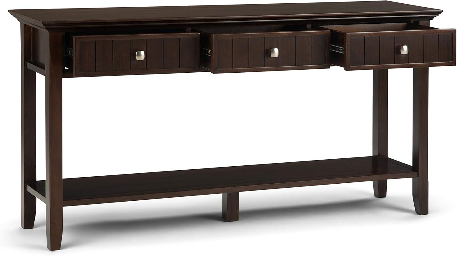 Simpli Home Acadian 60"W Solid Wood Wide Storage Console Table in Brunette Brown with Three Drawers and Open Shelf