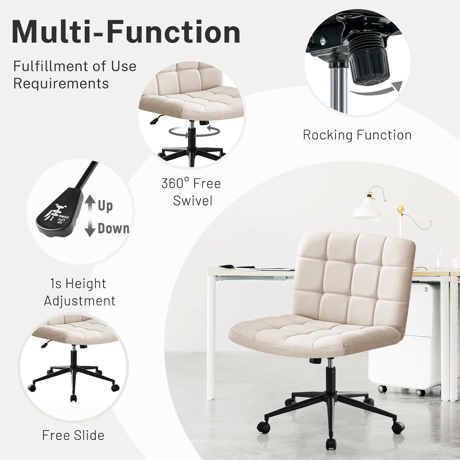 Furniliving Home Office Desk Chair with Wheels,Criss Cross Legged Wide Chair Armless Height Adjustable Chair with Mid Back Swivel Accent Vanity Chairs,Linen-Beige