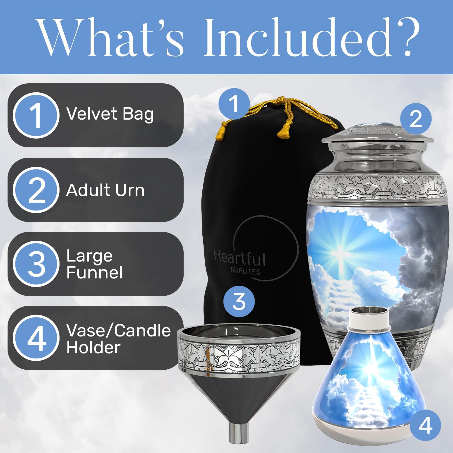 Stairway to Heaven Large Cremation Urn for Human Ashes with Handcrafted Funnel (Christian/Catholic/Cross/Adult/Male/Female)