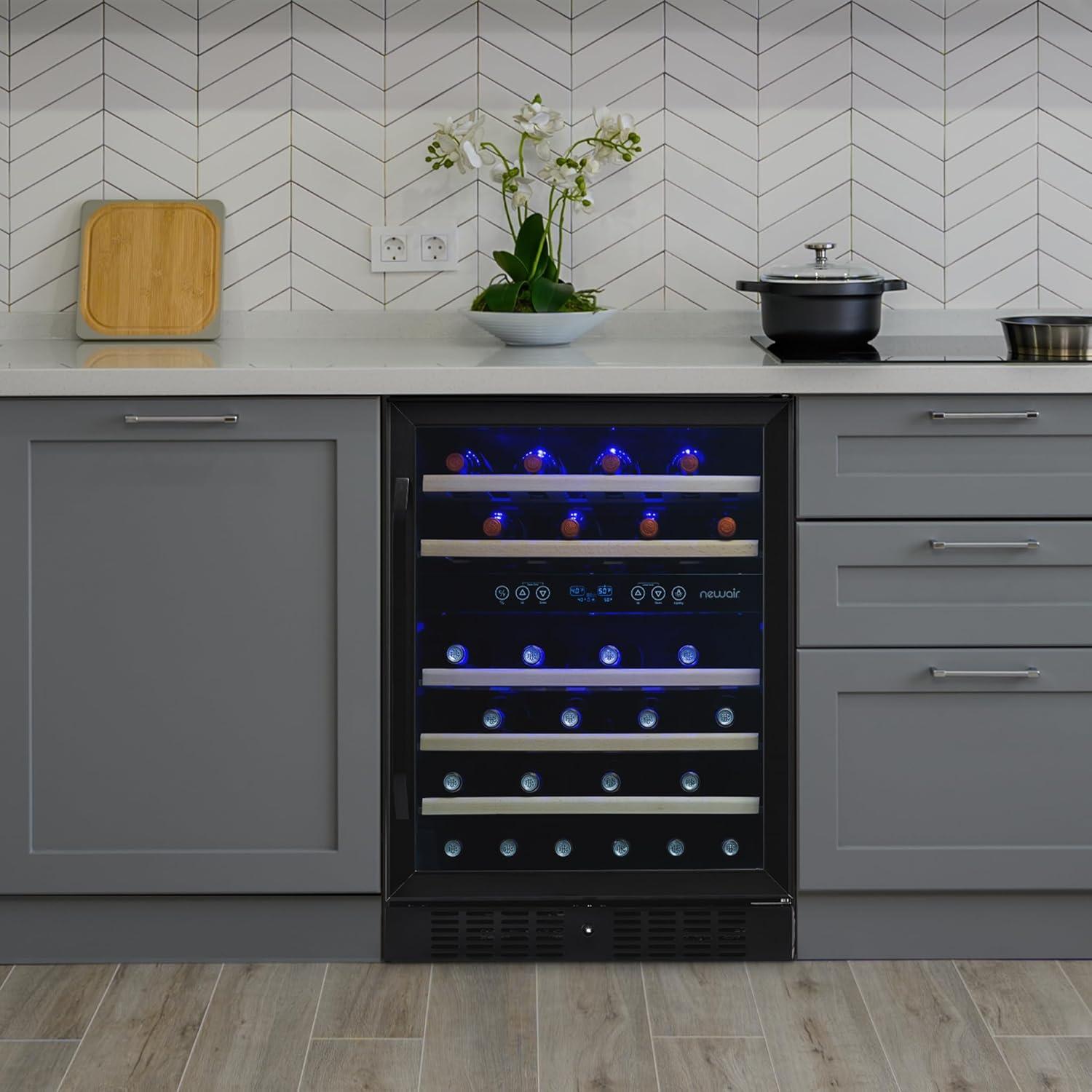 Newair 24” Built-in 46 Bottle Dual Zone Wine Cooler with Removable Beechwood Shelves in Black Stainless Steel