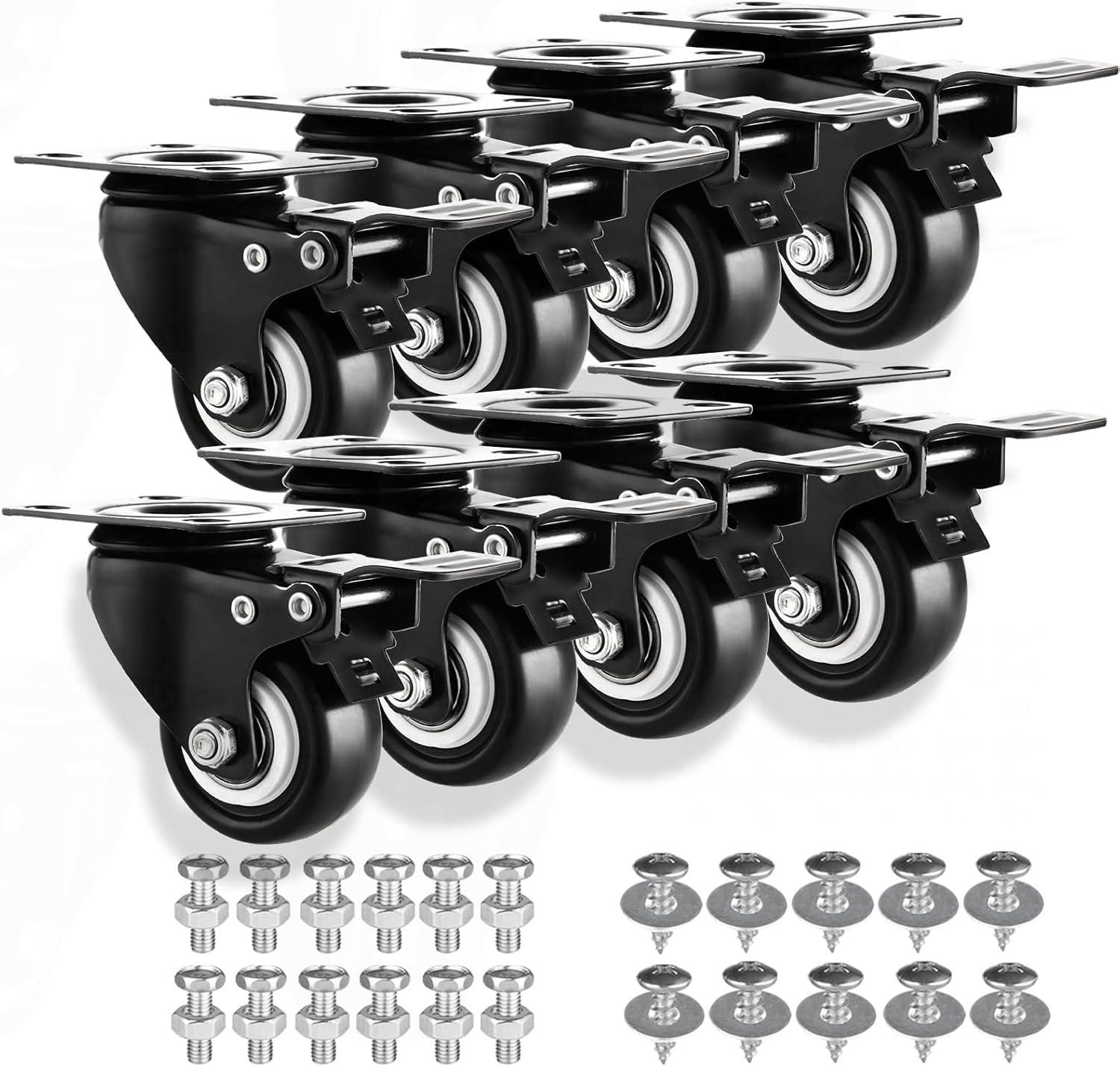 2" Casters Set of 8 Heavy-Duty Industrial Caster Wheels with Brake PU Wheels Double Locking and Double Ball Bearing Swivel Locking Casters Noiseless for Workbench, Furniture, Plate Castors Grey