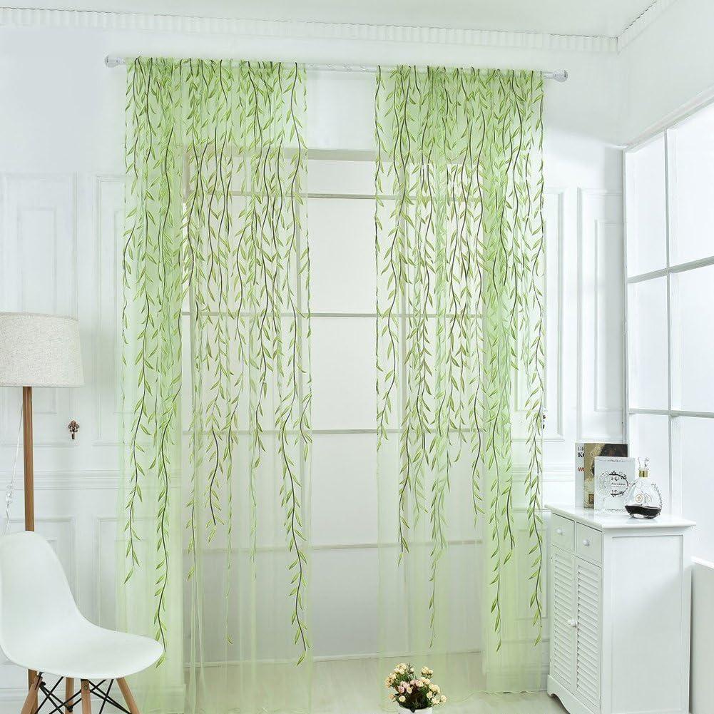 XmhyTop Rely2016 2 Pieces Willow Window Curtain Voile Tulle Room Salix Leaf Sheer Gauze Curtain Voile Panel Drapes Curtain Green Color for Living Room, Bedroom, Balcony ,100 x 200cm