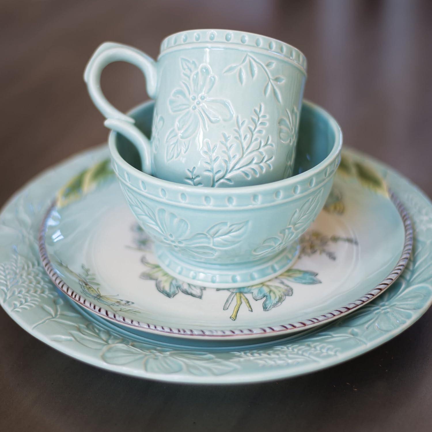 Blue Ceramic Floral Etched 12 Oz Mug Set of Four