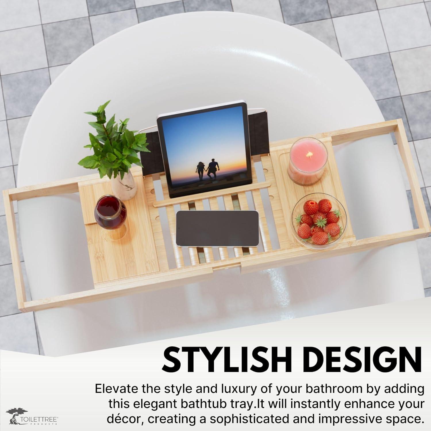 ToiletTree Products Bamboo Bathtub Caddy with Extending Sides and Adjustable Book Holder