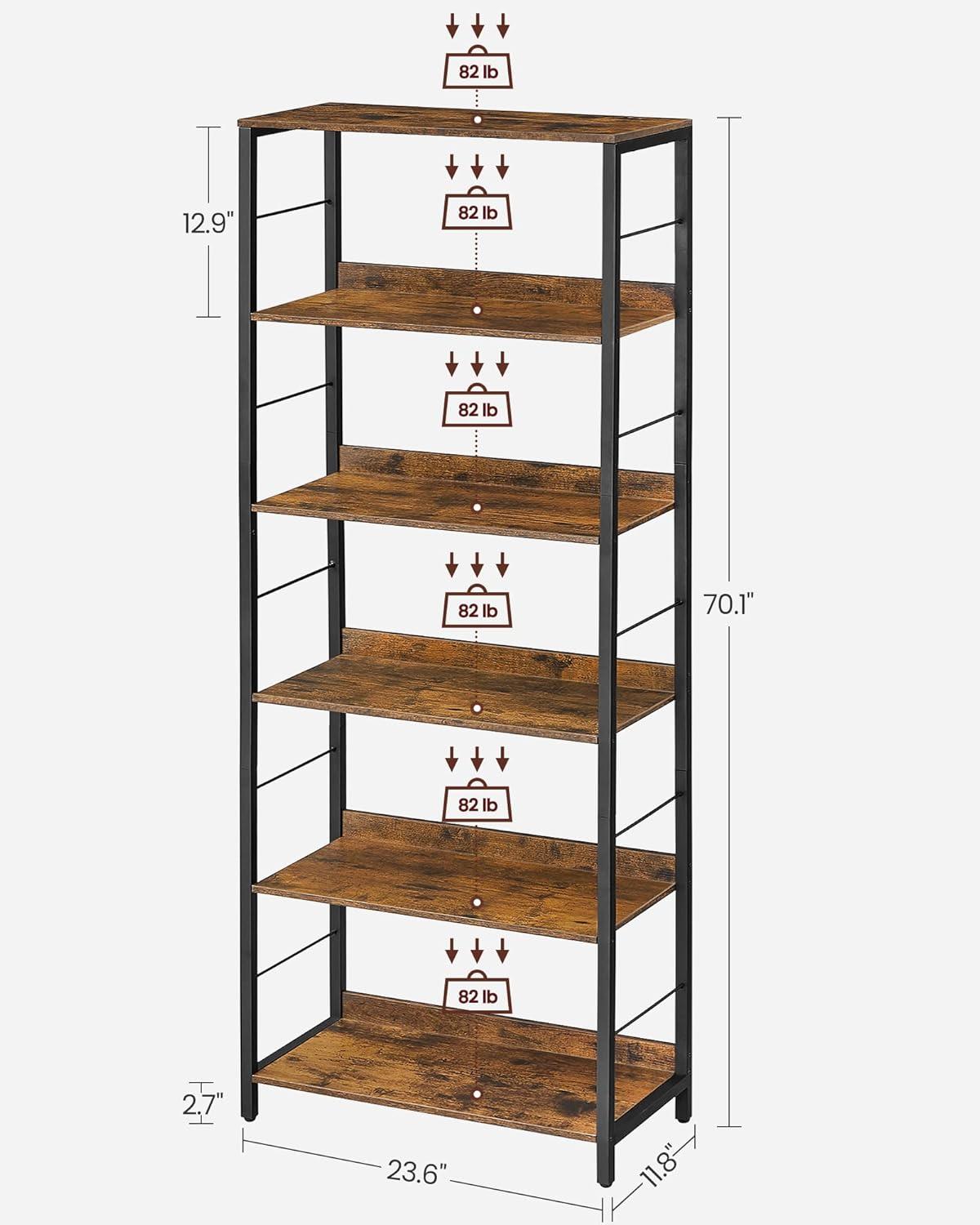 Rustic Brown and Black 6-Tier Industrial Bookshelf