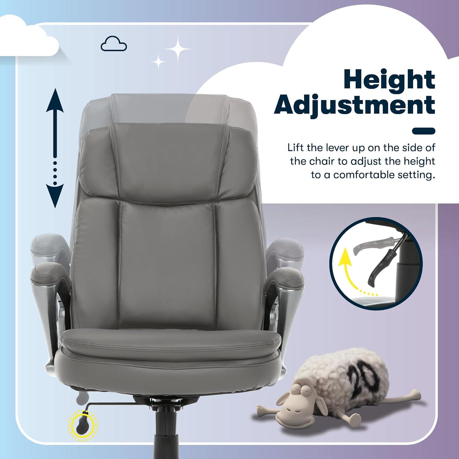 Big and Tall Executive Office Chair Opportunity Gray - Serta: Heavy-Duty, Ergonomic with Lumbar Support, Fixed Arms