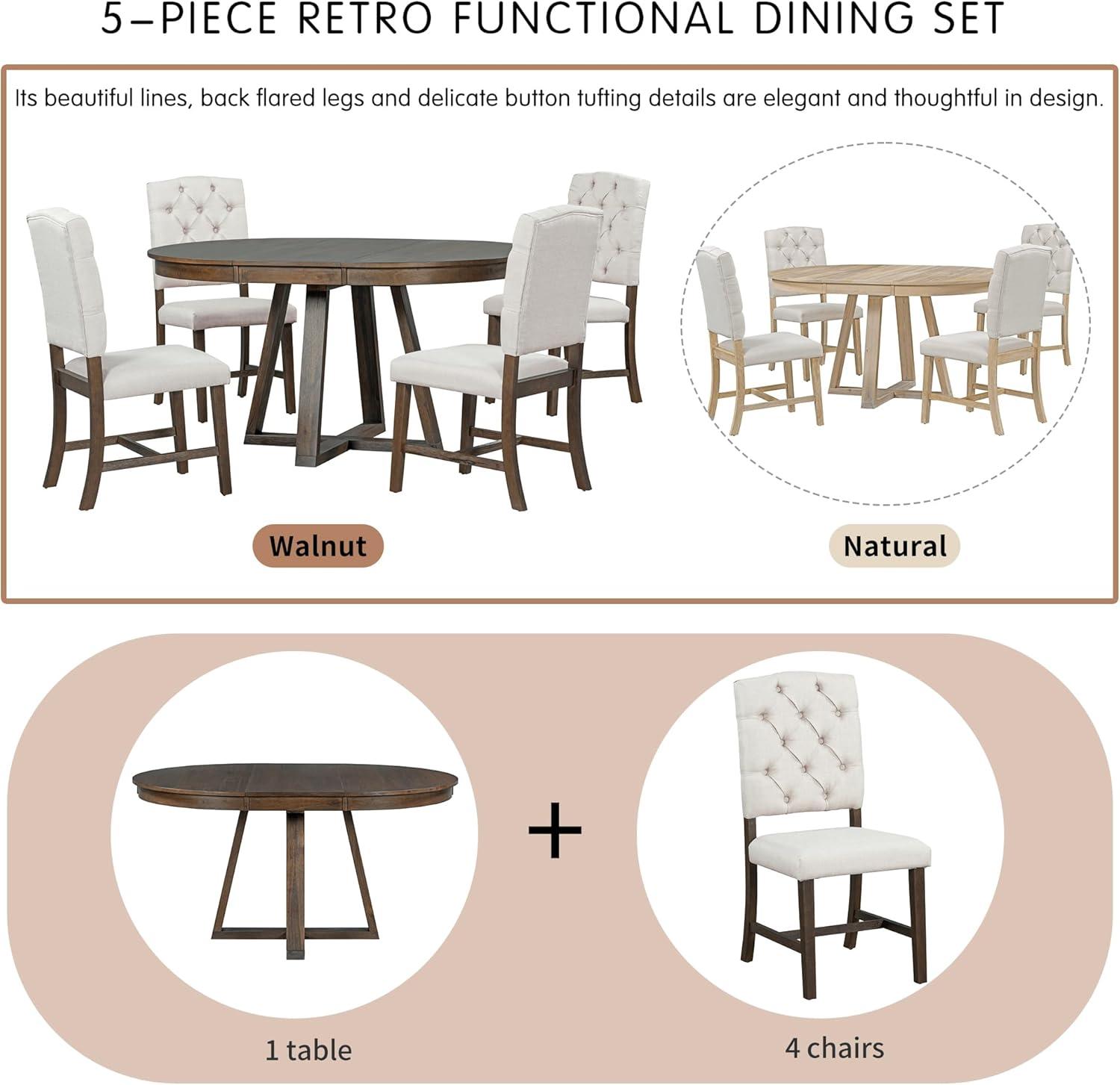 Besthome 5-Piece Retro Functional Dining Set, Round Table with a 16"W Leaf and 4 Upholstered Chairs for Dining Room and Living Room (Walnut)