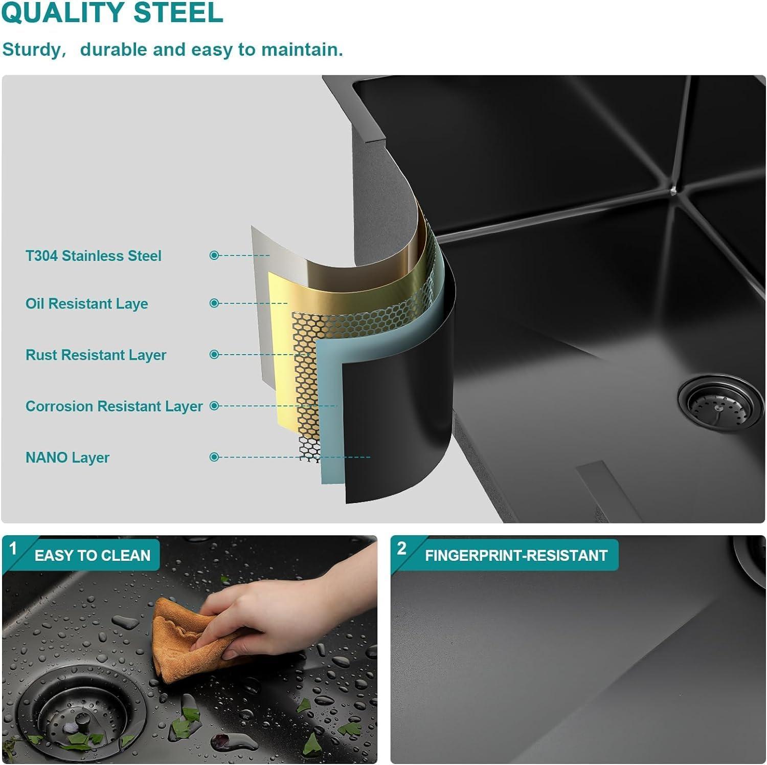 Double Bowl (60/40) Undermount Sink, 33"x19" Gunmetal Black Double Bowl Kitchen Sink 16 Gauge with Two 10" Deep Basin, X Grooves Engineered for Easy Draining