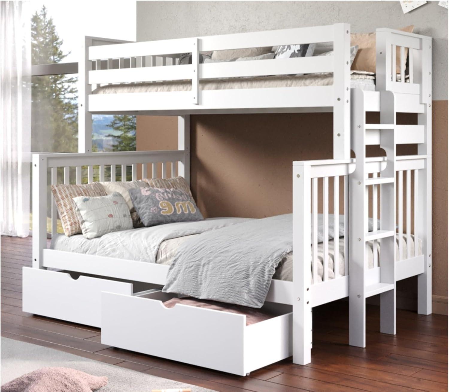 Bedz King Bunk Beds Twin over Full Mission Style with End Ladder and 2 Under Bed Drawers, White