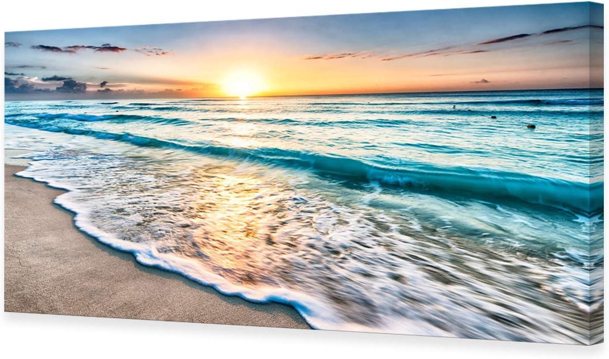 Shiartex Canvas Prints Wall Art Beach Sunset Ocean Waves Nature Pictures Stretched Pictures to Photo Paintings on Canvas for Home Office Decorations Wall Décor -20x16 In