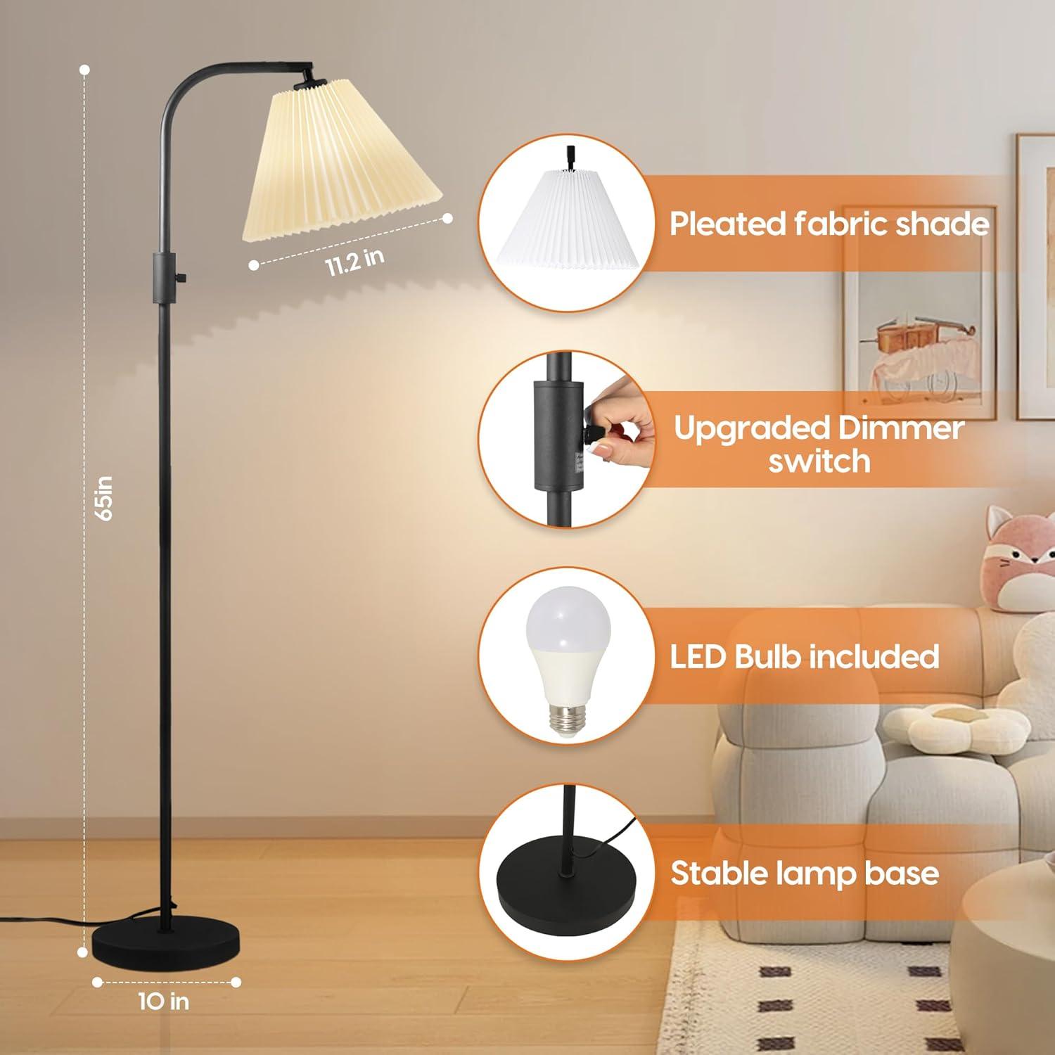 COFF Dimmable Floor Lamp, Arc Standing Lamp with 1000 Lumens LED Edison Bulb Included, Pleated Shade Modern Tall Pole Lamp for Living Room, Bedroom, Office, Color White