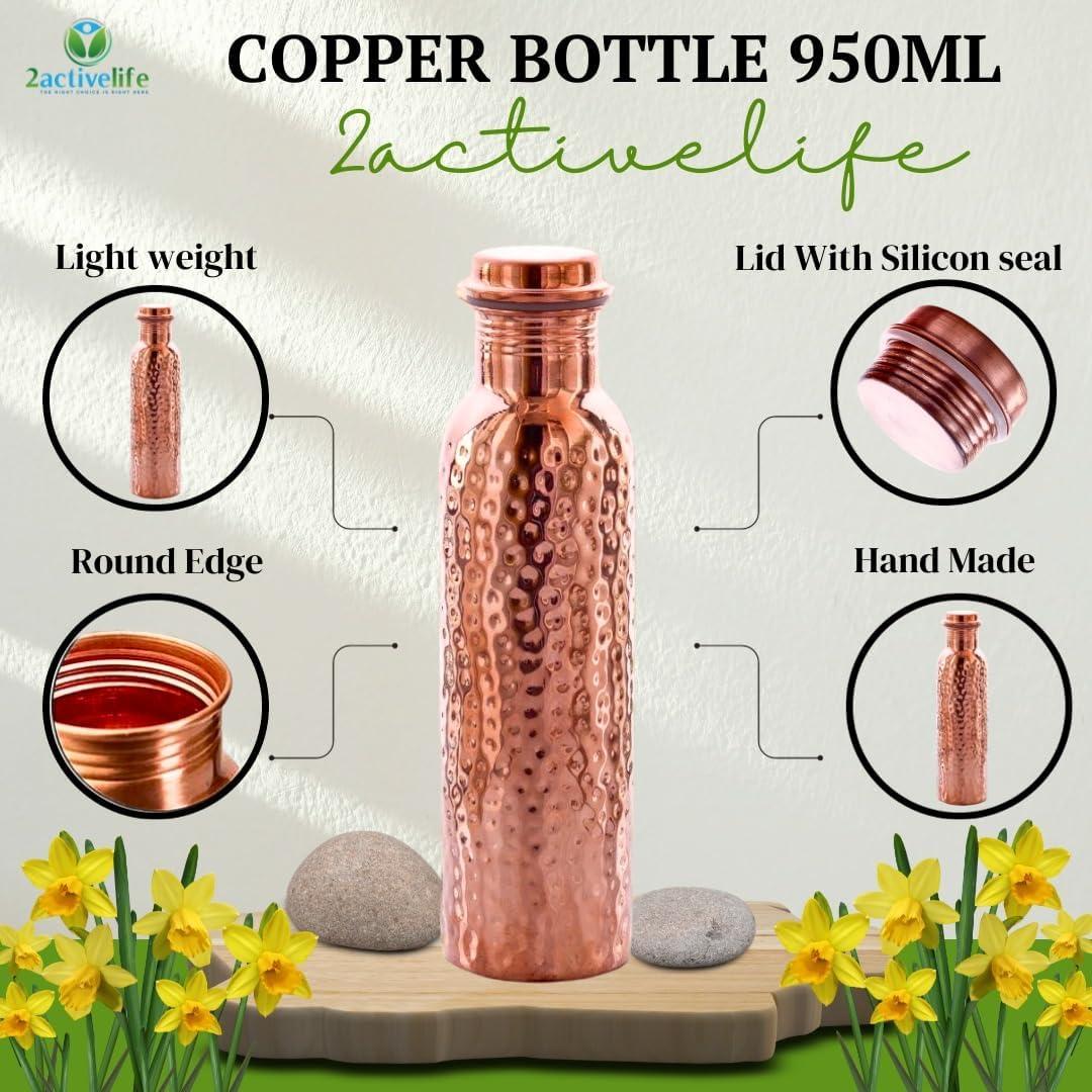 Hammered Design Pure Copper Water Bottle Seamless Leakproof Water Bottle For Home, Office, Hotel, Travelling and Gifting Drink More Water and Immediately Reap the Health - 33.81 Fl Oz