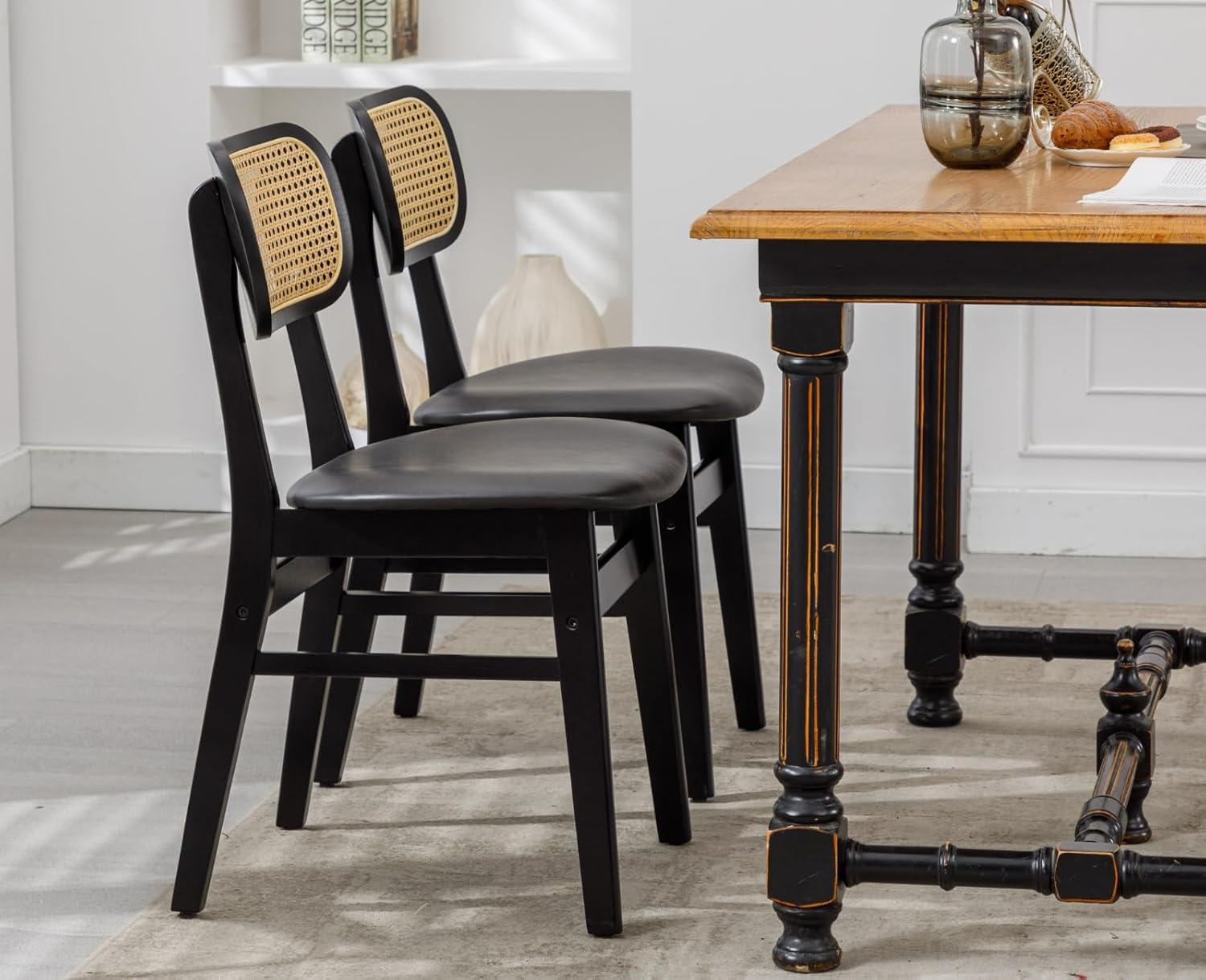 Upholstered Faux Leather Seat Rattan Back Dining Chair, Solid Wood Frame Side Chair For Living Room
