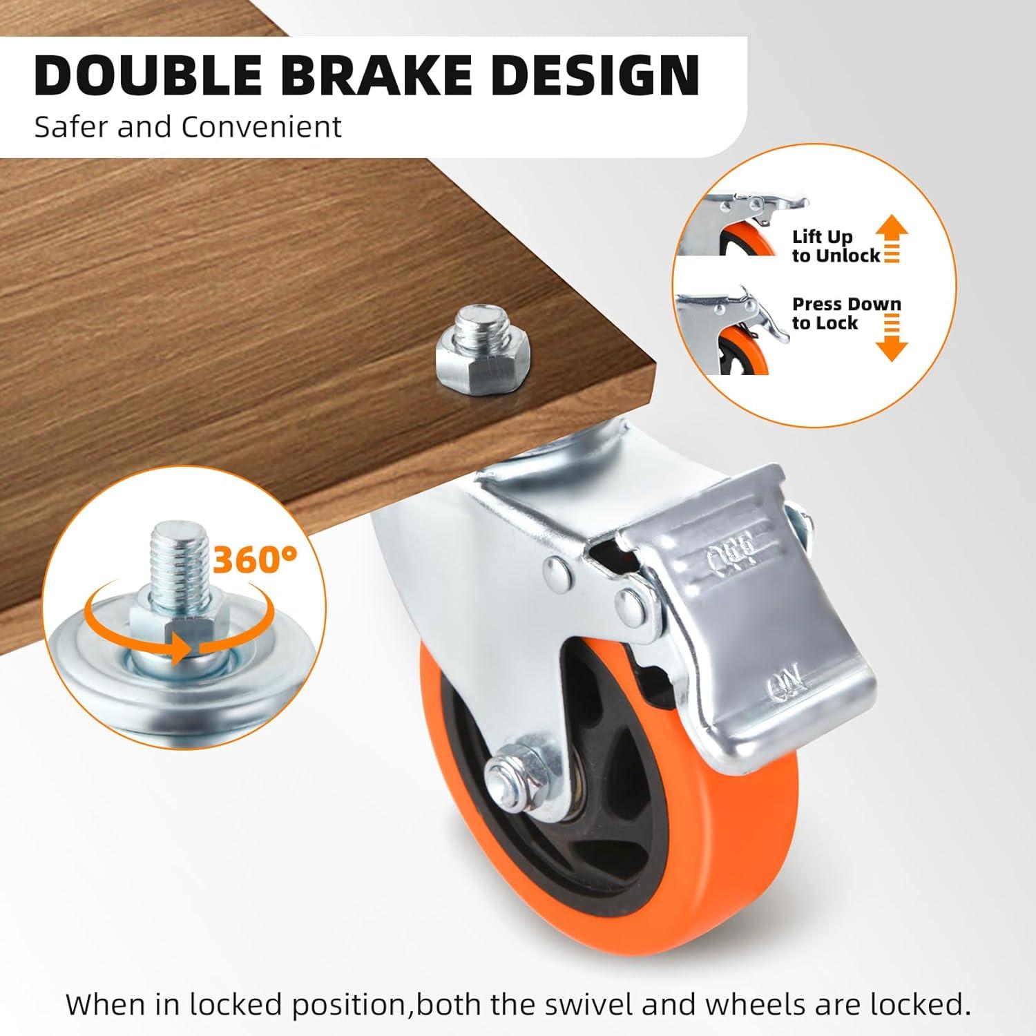 4 Inch Orange Polyurethane Heavy Duty Stem Caster Wheels with Dual Locking