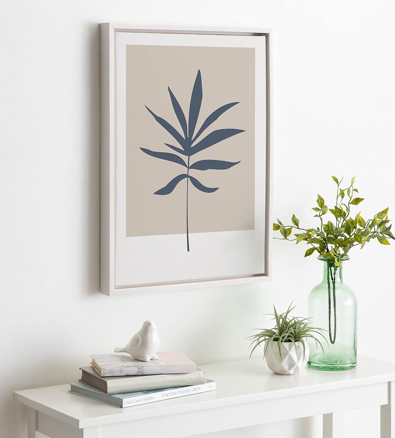 Kate and Laurel Sylvie Muted Tan and Blue Colorblock Botanical Leaf Framed Canvas Wall Art by The Creative Bunch Studio, 18x24 White, Simple Modern Botanical Wall Decor Art