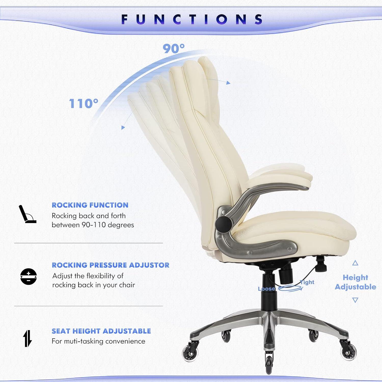 Executive Office Chair-Ergonomic Computer Desk Chair with Upgraded Caster for Swivel, High Back Office Chair with Padded Flip-up Arms, Stylish Leather Chair Thicken Seat for Comfort (Ivory, 300lbs)