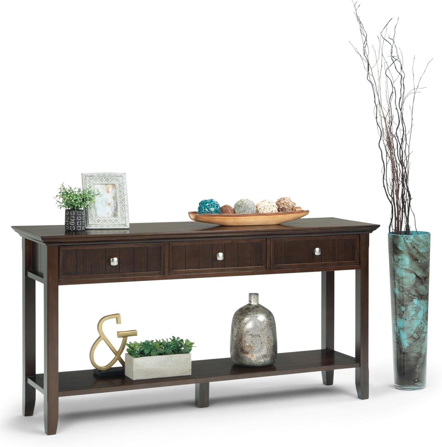 Simpli Home Acadian 60"W Solid Wood Wide Storage Console Table in Brunette Brown with Three Drawers and Open Shelf