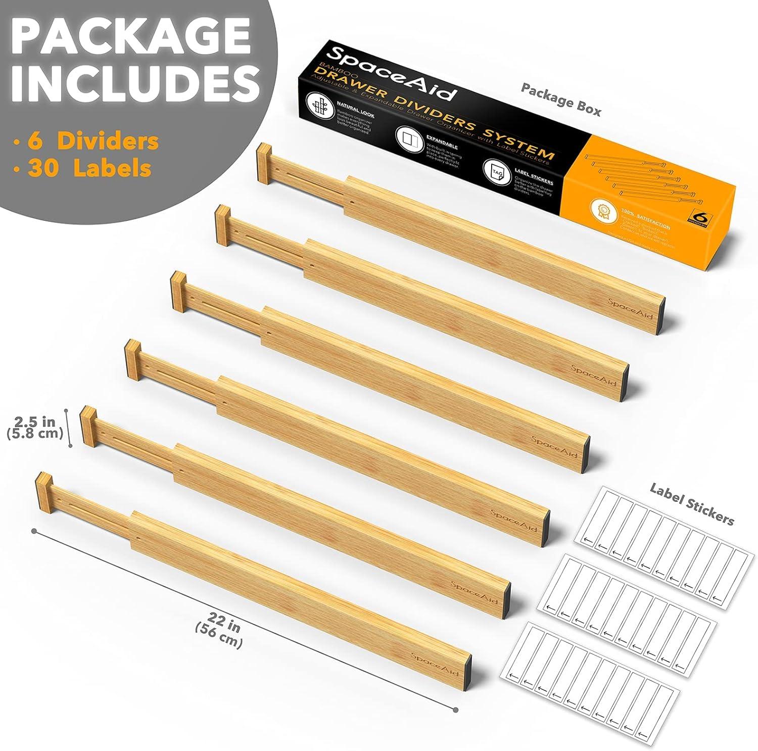 Set of 6 Bamboo Expandable Drawer Dividers with Labels (17-22 in)-SpaceAid®