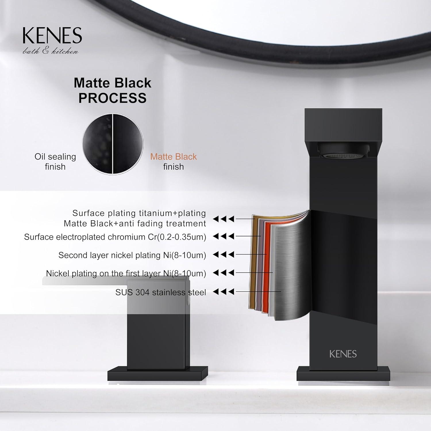 KENES Matte Black Widespread Bathroom Faucet Two Handle Bathroom Sink Faucets Black 3 Hole, 8-Inch 3 Pieces Bathroom Vanity Faucet Lavatory Faucet with Supply Lines, KE-9050-2