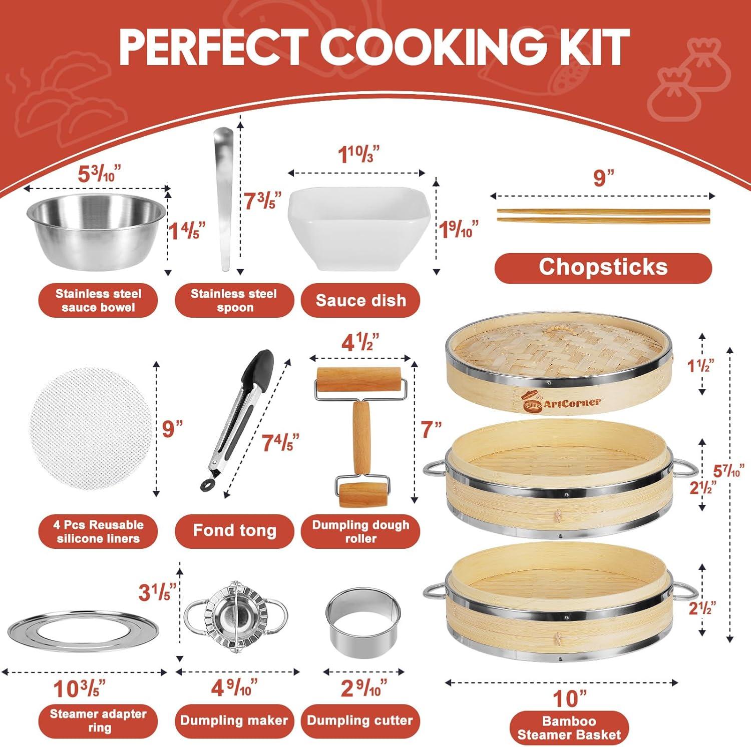 2-Tier Bamboo Steamer Basket Set 10-inch with Reinforcement & Handle,Bamboo Steamer for Cooking,Dumpling Bun Dim Sum, Rice Potsticker Steaming Chinese Asian Food & Vegetables
