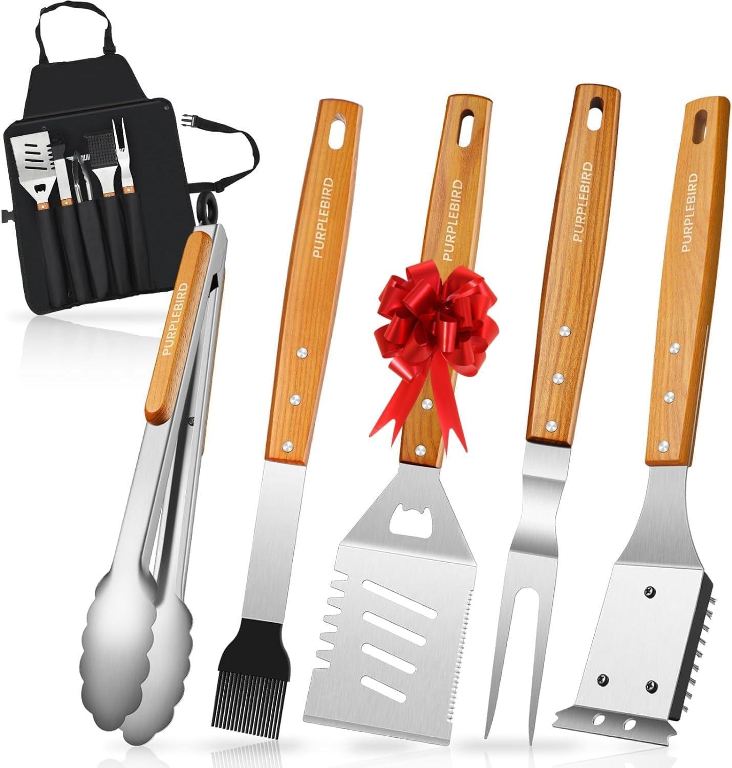 PURPLEBIRD Grill Utensils Set with Brush - 5pcs Grilling Tools Set with Bag Apron, Heavy Duty BBQ Tool Sets with Long Wood Handle, Stainless Grilling Accessories for Outdoor Grill